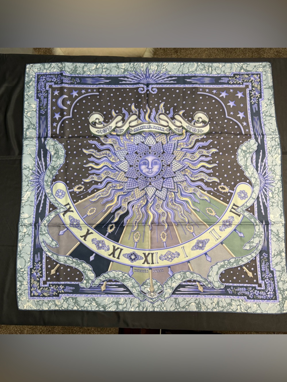 Hermes Silk Scarf Gloria Soli Purple Blue Grey Sun Moon Stars Solar Astrology